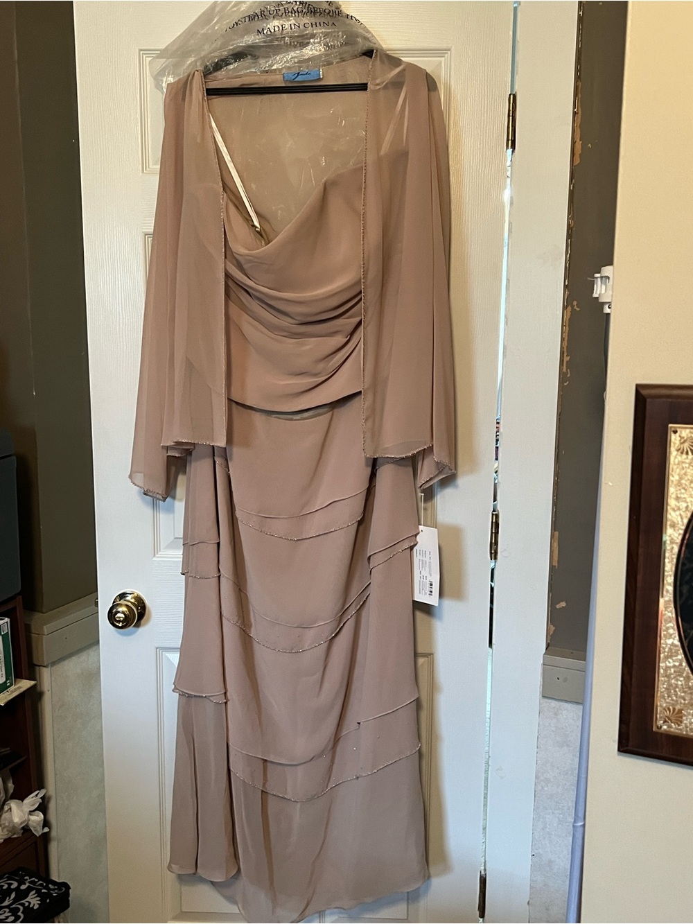 Women's Jade by Jasmine Taupe Layered Chiffon Dress with Draped Bodice